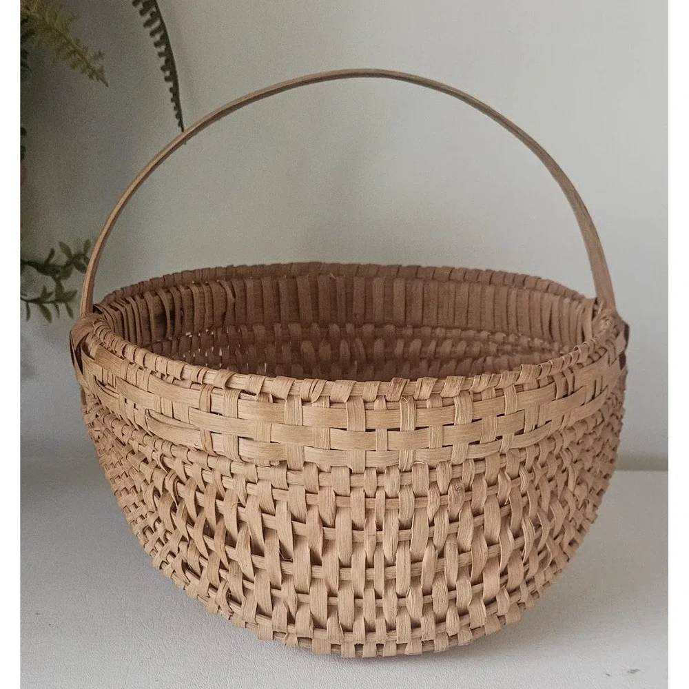 Antique Hand-Woven Gathering Basket Bentwood Handle 9